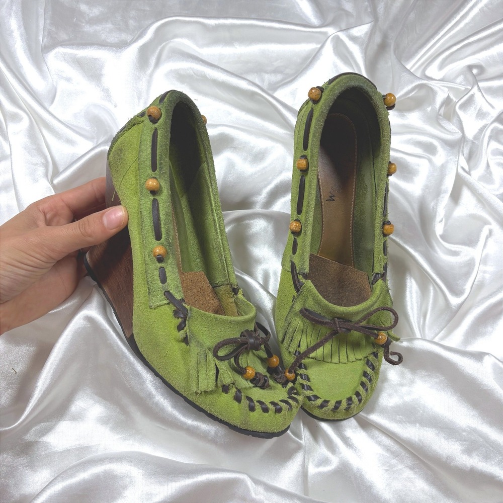 y2k Sam Edelman Wedge Heels Green Fair Suede Moccasin Wood Bead Fringe Boho